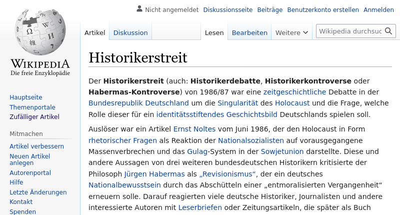 Screenshot des Wikipedia-Artikels Historikerstreit.