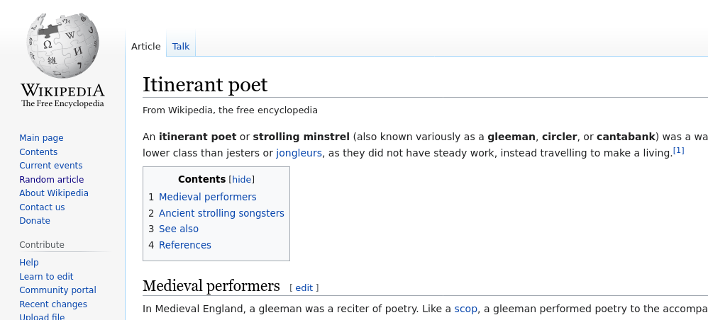 Screenshot of Wikipedia article itinerant poet.